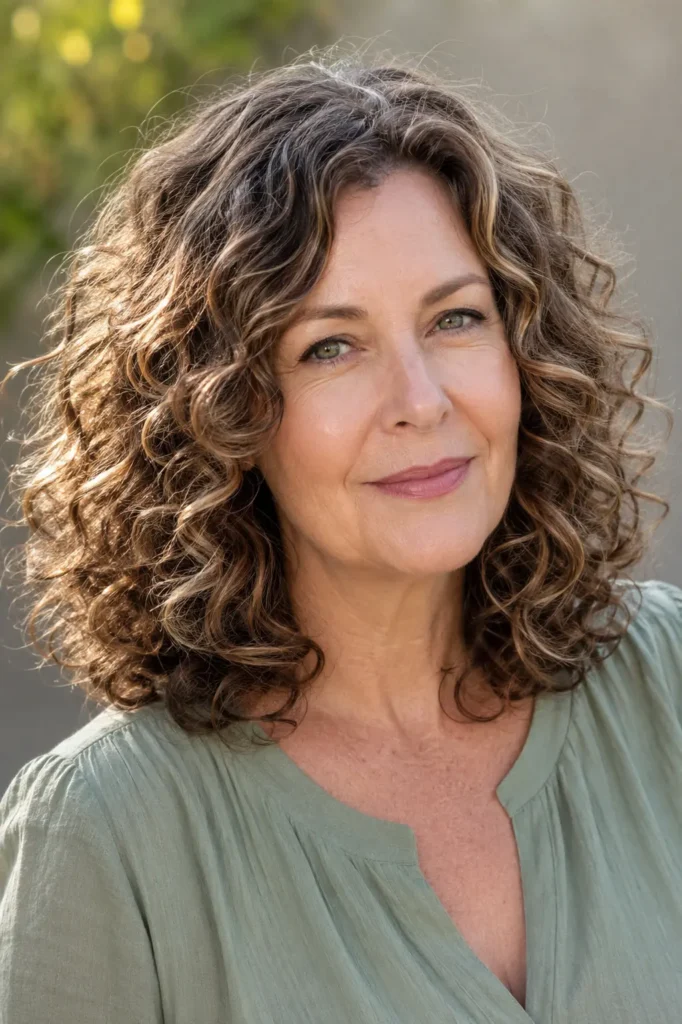 a real English woman in her 50s with medium-length naturally curly layered hair. Her defined, glossy curls are the focal point, showcasing healthy texture and shine in bright natural daylight