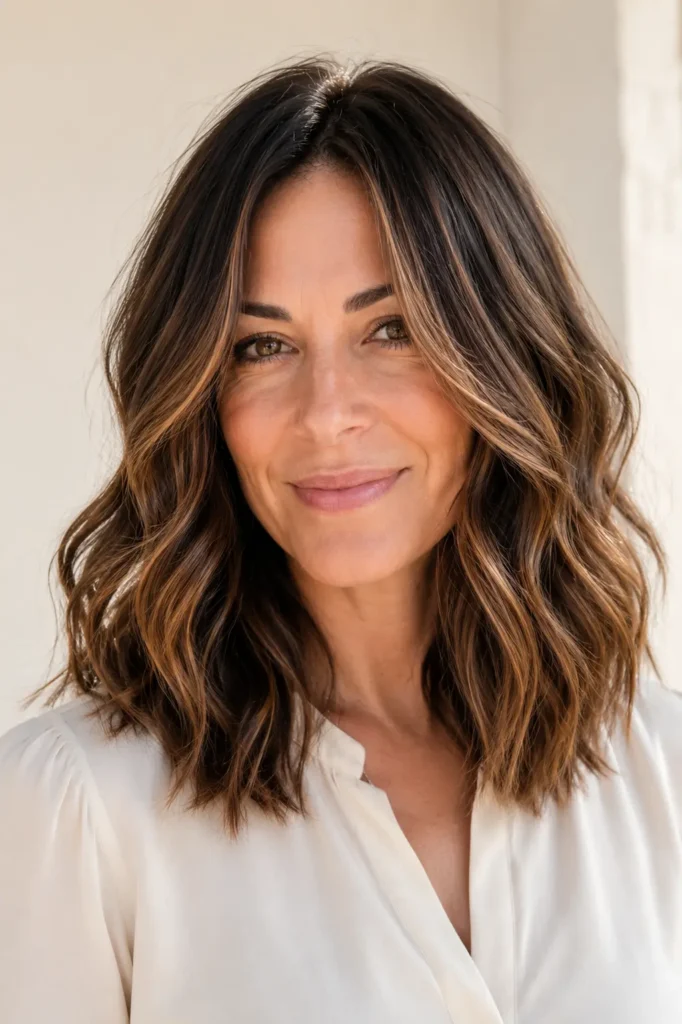 Dark caramel balayage lob on a real English woman with shoulder-length brunette hair and soft textured waves.