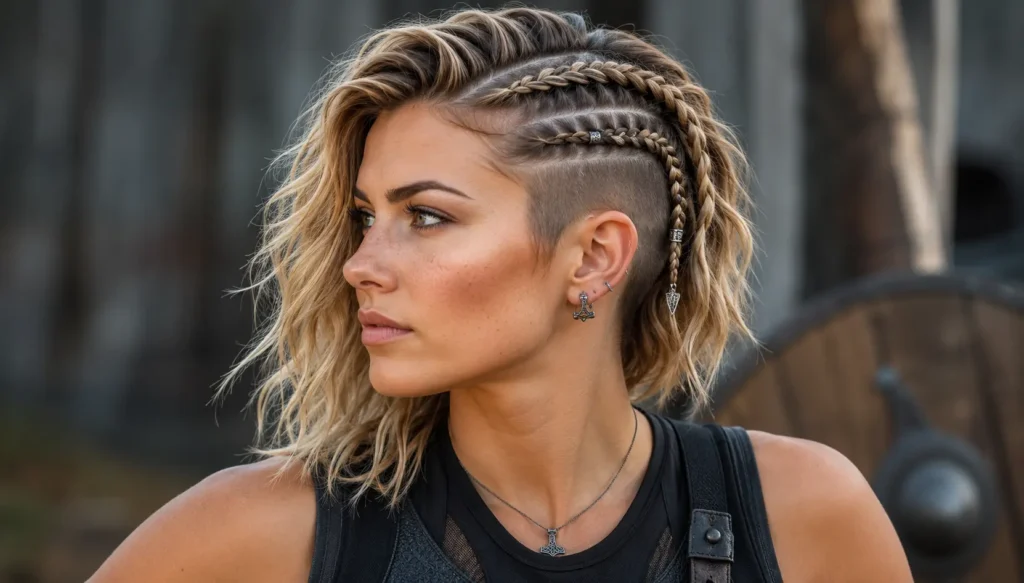 woman with a short Viking-inspired hairstyle featuring tight braided rows and a shaved undercut, styled into a textured ponytail. She wears a modern black athletic hoodie