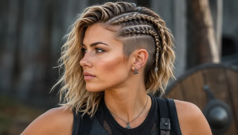 woman with a short Viking-inspired hairstyle featuring tight braided rows and a shaved undercut, styled into a textured ponytail. She wears a modern black athletic hoodie