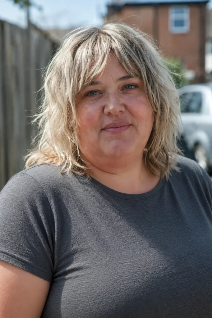 a plus-size English woman aged 30–45 with an ash blonde textured shoulder-length shag hairstyle. She wears a modest dark gray crew-neck top