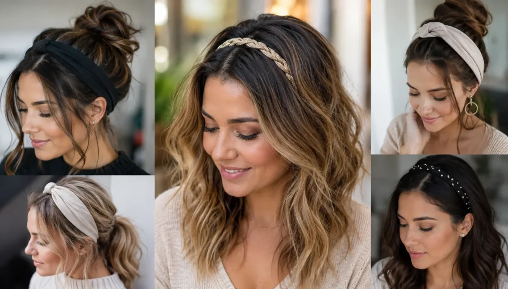 Real women showcasing everyday glam headband hairstyles in a natural lifestyle collage, featuring soft waves, relaxed updos, and ponytail looks with stylish fabric and embellished headbands in warm, realistic portrait photography.