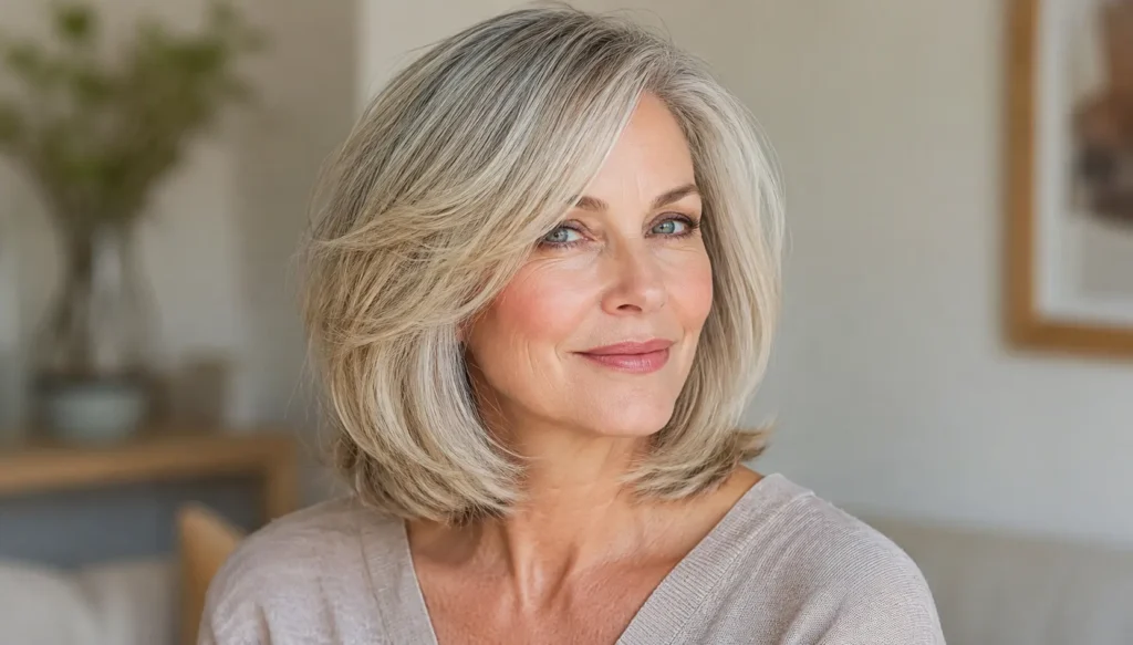 woman over 50 with a medium-length layered silver bob hairstyle, featuring soft face-framing layers and natural volume.