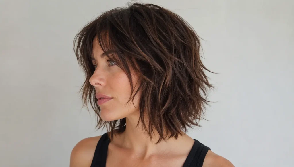 English woman with a choppy layered haircut featuring soft, textured layers and natural movement. The realistic portrait highlights healthy brunette hair, subtle makeup, and authentic skin texture against a clean neutral background, with the hairstyle as the main focus.