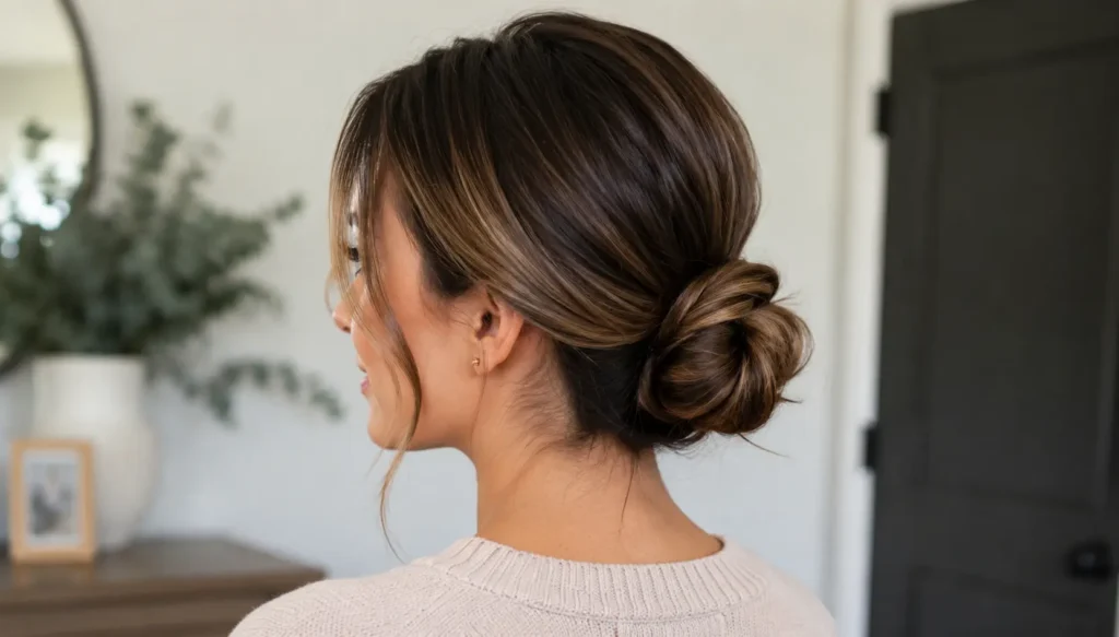 woman with a polished medium hairstyle styled in a sleek low bun with soft face-framing strands. The hairstyle is the focal point of the image, showcasing smooth texture and subtle volume. She wears a modest light-colored knit top in a bright indoor setting with natural daylight