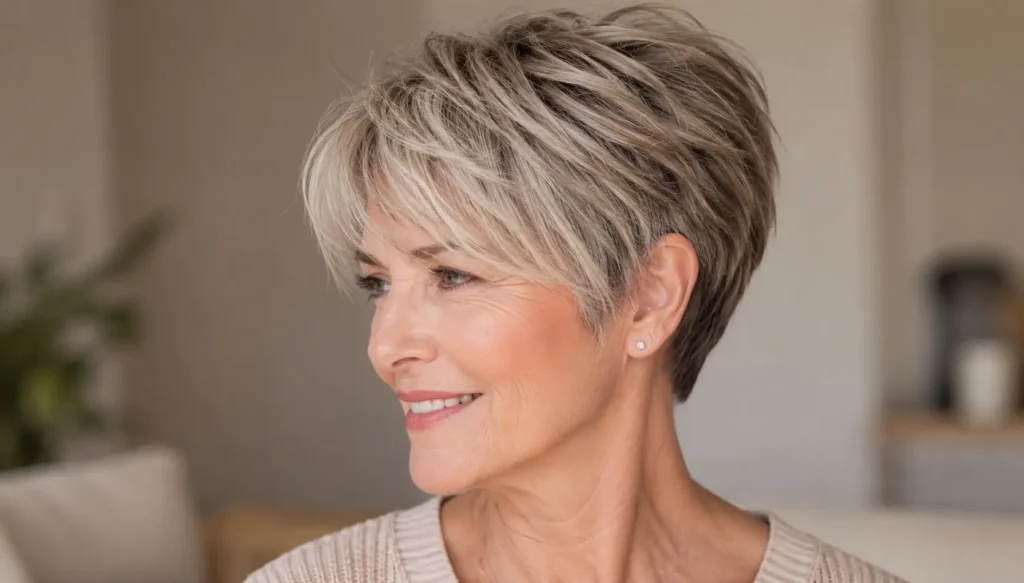 English older woman with a stylish long pixie haircut featuring soft layered silver-blonde hair, photographed in bright natural light with a neutral indoor background