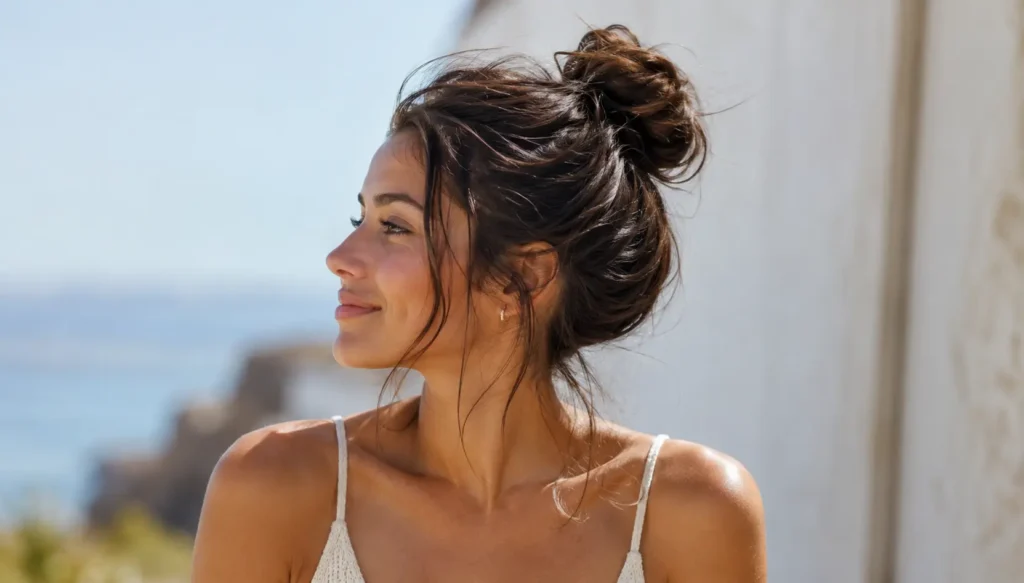 Young woman with a cute messy bun summer hairstyle and soft face-framing strands, photographed outdoors in bright natural sunlight.