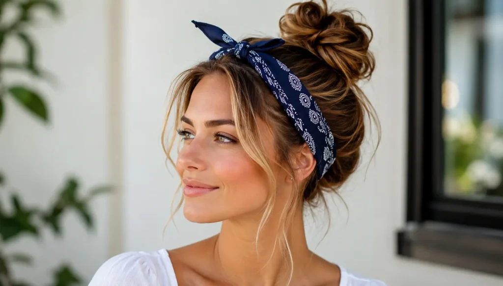 Bandana headband hairstyle on a real English woman with a messy bun and soft face-framing strands.