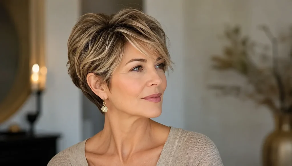 Stylish woman over 40 with a textured short layered pixie haircut featuring soft volume, side-swept layers, and dimensional blonde highlights, photographed in natural indoor light with a modern, elegant background.