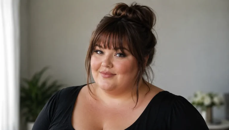 plus-size English woman with dark brown hair styled in a messy high bun and soft wispy bangs, photographed indoors in natural light