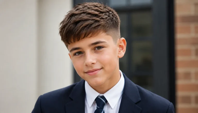 teenage boy with a smart textured crop fade haircut, wearing a navy school blazer and tie, standing outdoors with a blurred school background