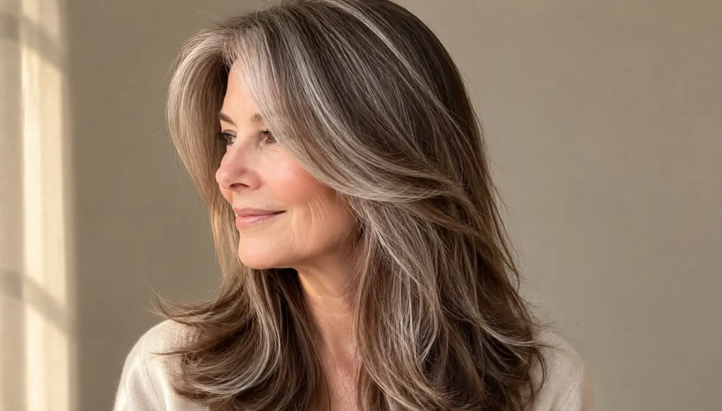 older woman with long brown hair featuring soft silver highlights in layered waves, photographed in natural daylight against a neutral beige background with the hairstyle as the main focus.