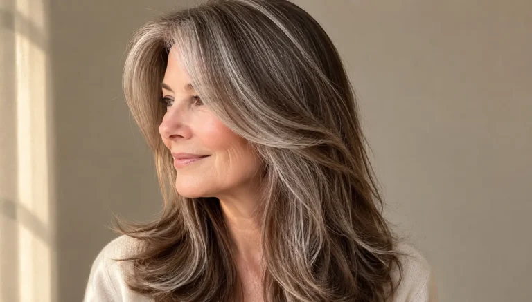 older woman with long brown hair featuring soft silver highlights in layered waves, photographed in natural daylight against a neutral beige background with the hairstyle as the main focus.