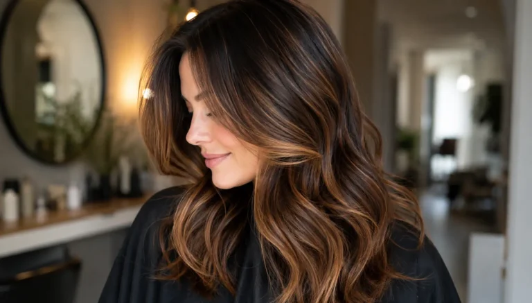 English woman with long dark brown hair featuring rich dark caramel balayage and soft layered waves in natural light.