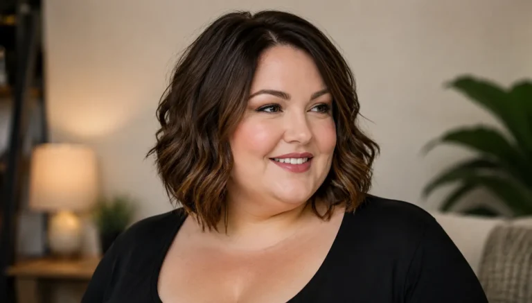 English plus-size woman with a flattering shoulder-length wavy medium hairstyle, soft face-framing layers, and healthy shiny brunette hair,