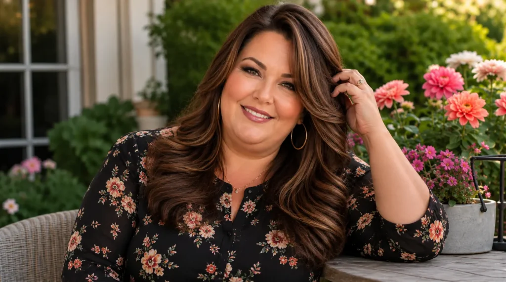 **Alt Text:** Plus-size woman with long brunette layered hair and soft waves smiling in a colorful garden, featuring face-framing layers that flatter a fuller face and double chin, wearing a modest floral blouse in natural daylight.