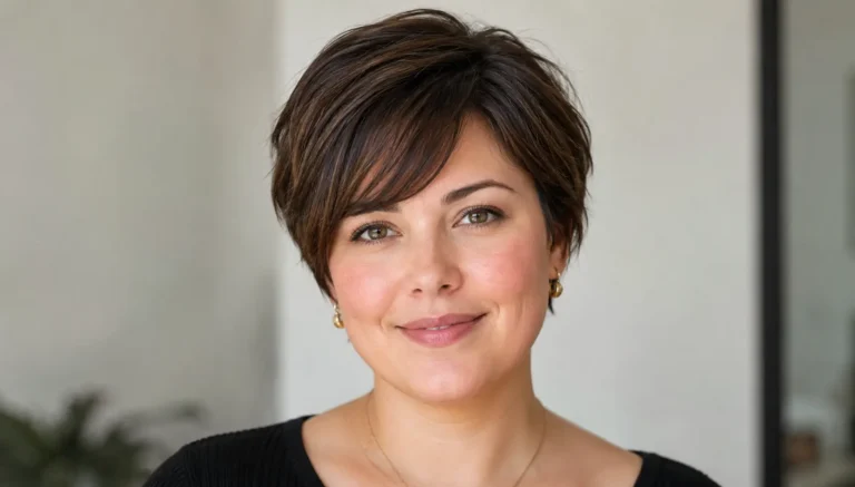 **Alt Text:** Woman with a round face wearing a short pixie bob haircut with side-swept layers and soft texture, photographed in natural daylight with the hairstyle as the main focus.