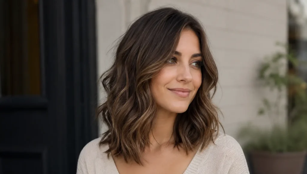 woman with shoulder-length wavy hair featuring soft, effortless texture and natural movement, photographed outdoors in daylight