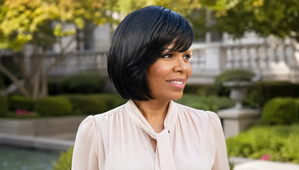 Black woman with a sleek bob haircut and side-swept bangs, smiling outdoors in a luxury garden setting. Her glossy black hair is smooth and shiny, styled to frame her face, while she wears a modest cream blouse