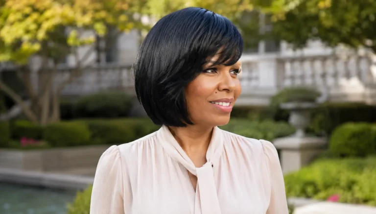 Black woman with a sleek bob haircut and side-swept bangs, smiling outdoors in a luxury garden setting. Her glossy black hair is smooth and shiny, styled to frame her face, while she wears a modest cream blouse