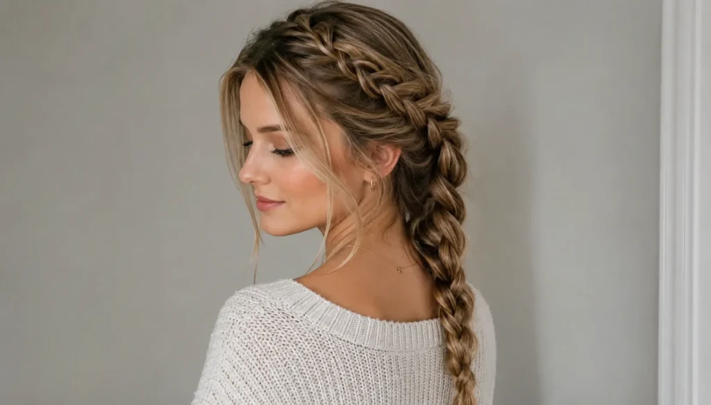 English woman with a classic braided hairstyle, viewed from the side, featuring a thick, neatly woven braid, natural makeup, soft blonde highlights, and a cozy cream sweater in a bright indoor setting
