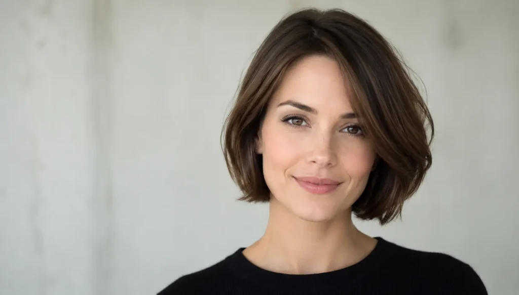 a English woman with an oval face wearing a short textured bob hairstyle, softly layered around the jawline with natural volume and shine