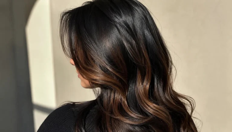 Realistic close-up of a woman with glossy black hair featuring soft chocolate brown highlights in loose waves, shown from the side with minimal facial visibility against a neutral background in bright natural light.