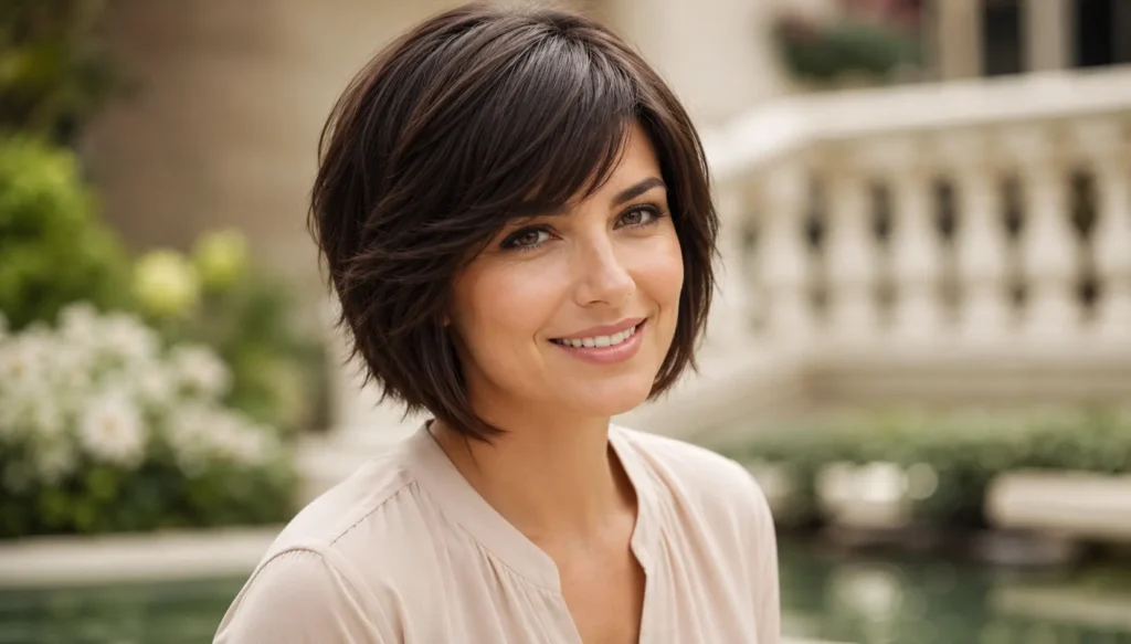 Woman with a textured short bob haircut and soft side-swept bangs, dark brown hair with natural shine, smiling outdoors in a luxury garden setting. The hairstyle is shown from a front and slight side angle, highlighting layered texture and movement