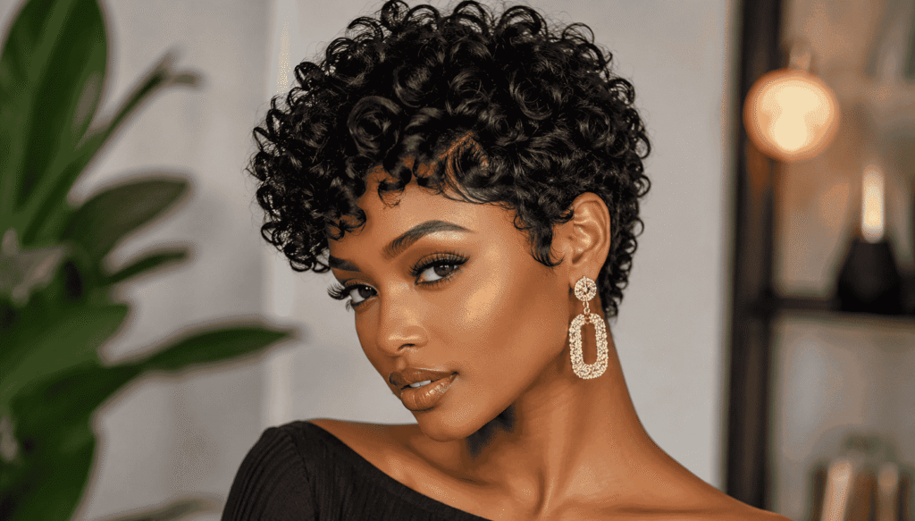 Black woman with a short curly pixie hairstyle featuring defined, voluminous natural curls. She wears elegant gold earrings and a modest black top