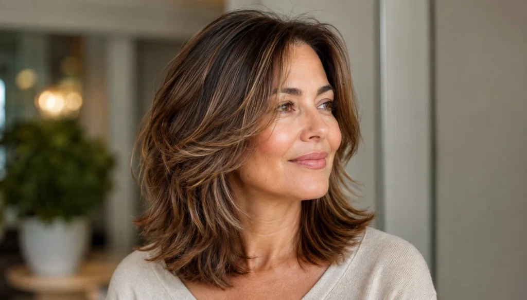 Woman over 40 with a modern shoulder-length layered haircut and soft face-framing layers, natural brunette highlights, realistic skin texture, and a modest light-colored top
