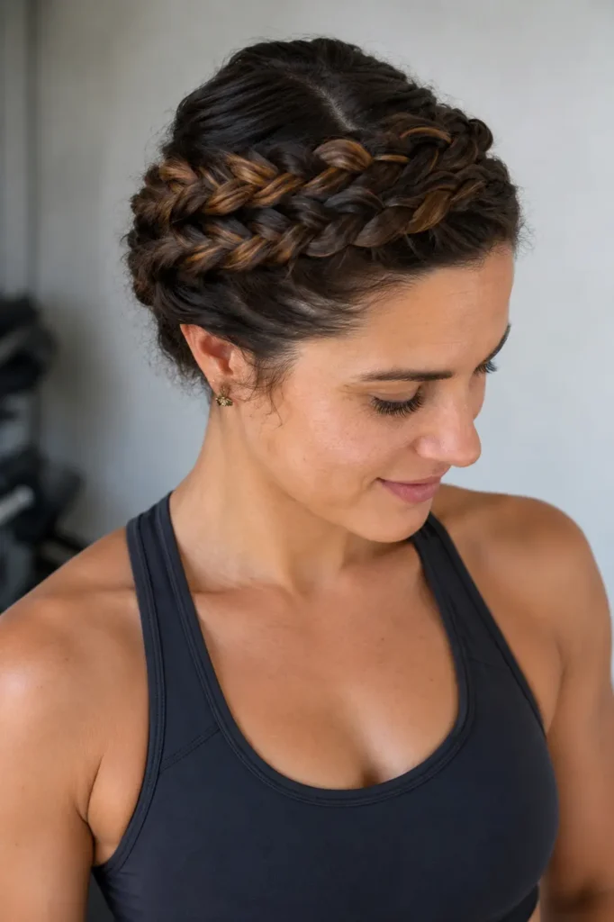 woman with a short double crown braid hairstyle wearing a black athletic sports top. The detailed braided crown wraps around her head, highlighting healthy dark hair, natural skin texture, and authentic facial features