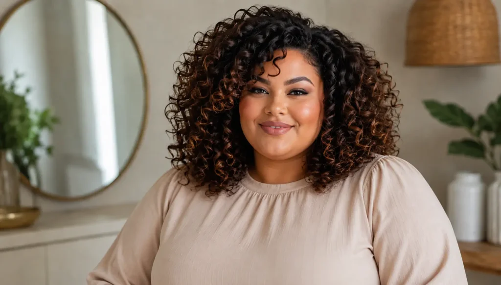 Close-up portrait of a real plus-size woman with voluminous, defined curly hair featuring subtle caramel highlights. She wears a modest beige long-sleeve blouse that fully covers the chest. The image focuses on the natural curl texture and shape, with realistic skin details,