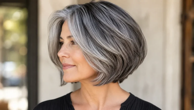 woman over 50 with a modern salt and pepper layered bob haircut, featuring soft silver and charcoal gray tones, healthy glossy texture, and a smooth side profile under bright natural daylight with a softly blurred neutral background.