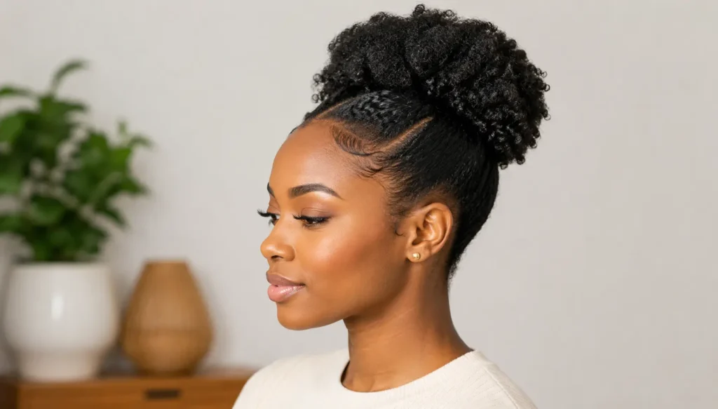 Side-profile portrait of a real Black woman wearing a sleek high puff hairstyle with natural Type 4 curls, smooth laid edges, and a braided accent detail. She wears a cream knit top in a bright indoor setting with soft neutral décor