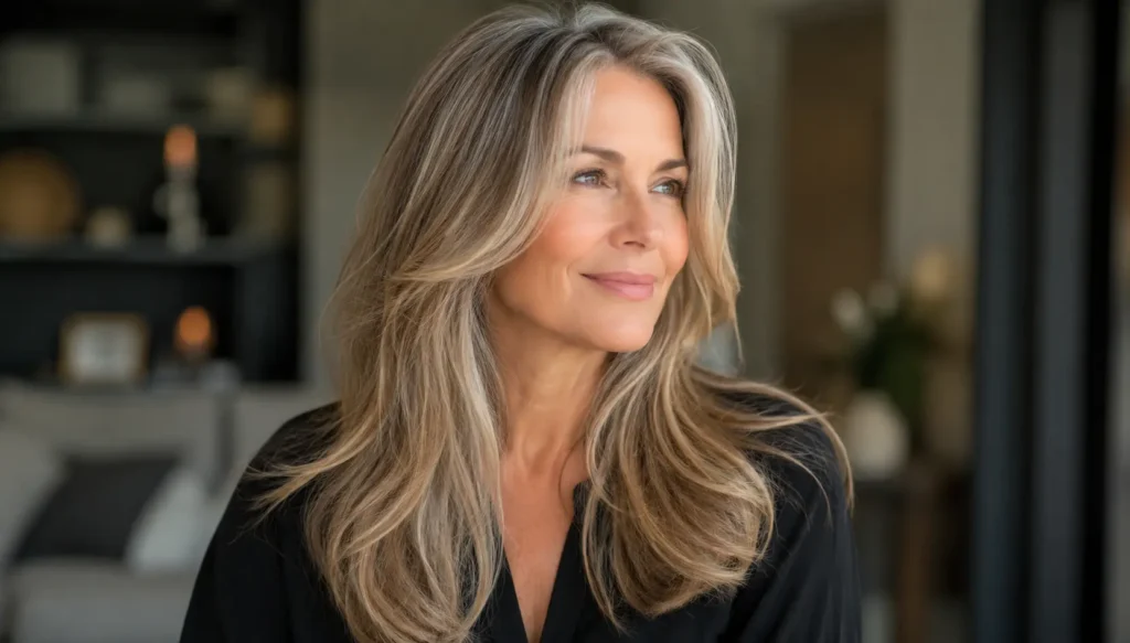 woman over 50 with long layered blonde and silver hair, soft face-framing layers, natural mature beauty, healthy hair texture, wearing a black blouse