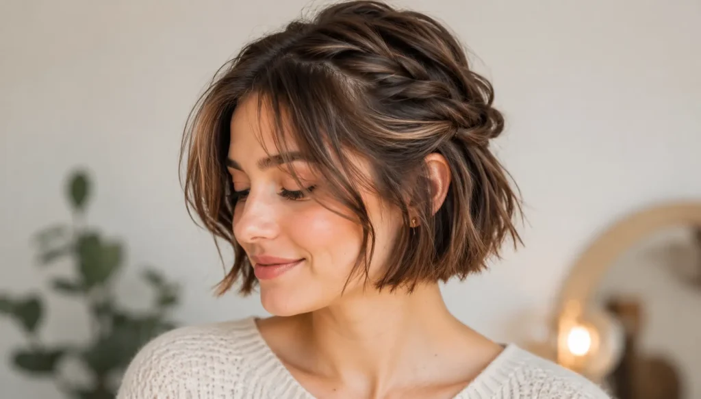 woman with a cute short bob hairstyle featuring a soft side braid and textured waves, wearing a cream sweater in a softly lit indoor setting