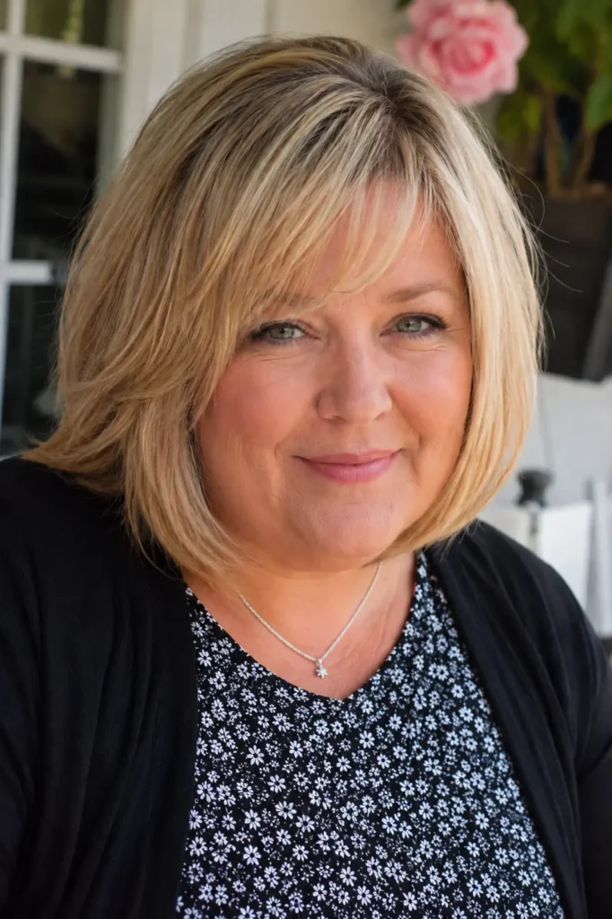 a plus-size English woman with an angled bob haircut and feathered bangs, featuring soft light blonde hair with healthy shine. She wears a modest black floral top and cardigan