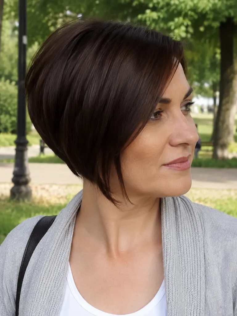 woman with an angled bob haircut and side-parted bangs, rich dark brown hair, and natural skin texture, photographed outdoors in a park. She wears a stylish casual outfit and is shown in a side-profile pose, highlighting the sleek shape and volume of her bob hairstyle