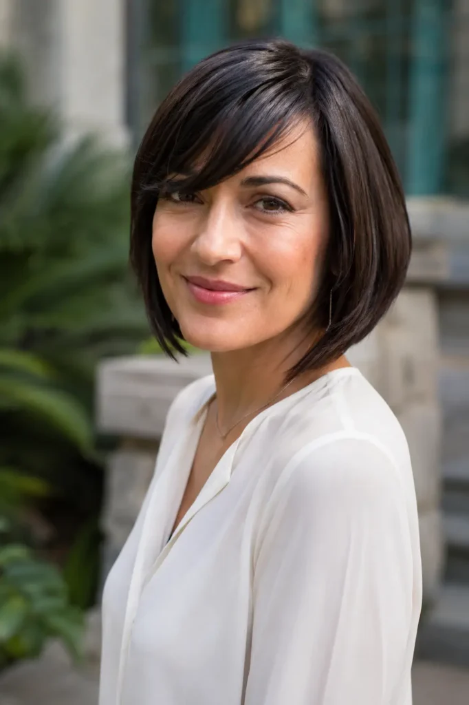 woman aged 30–50 with an angled bob haircut and side-swept bangs, featuring glossy dark brown hair and natural shine. She wears an elegant light-colored blouse and smiles softly while posing in an outdoor urban garden setting