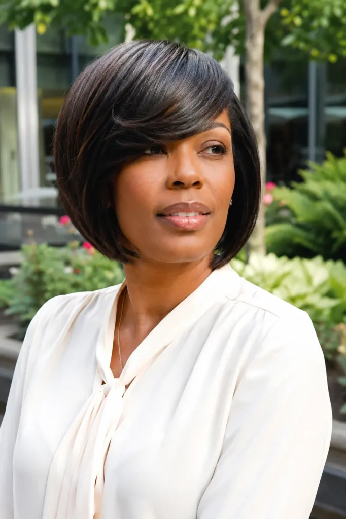Black woman with an angled bob haircut and side-swept bangs, featuring glossy dark brown hair styled with volume and smooth layers. She wears an elegant cream blouse and is photographed outdoors in an urban garden