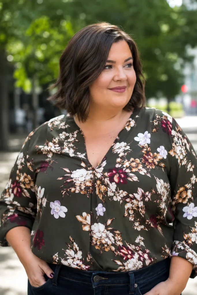 plus size woman with an angled lob haircut and soft waves in rich chocolate brown hair, wearing a floral blouse and standing outdoors in a city park