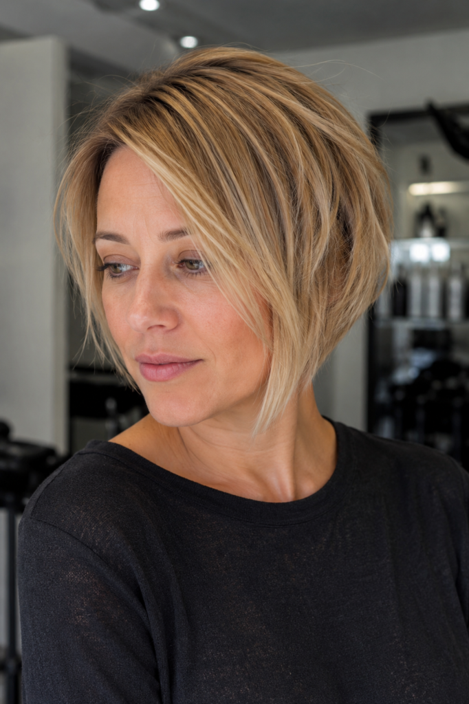 Angled pixie bob haircut on an oval-faced English woman with soft blonde hair and natural salon styling.
