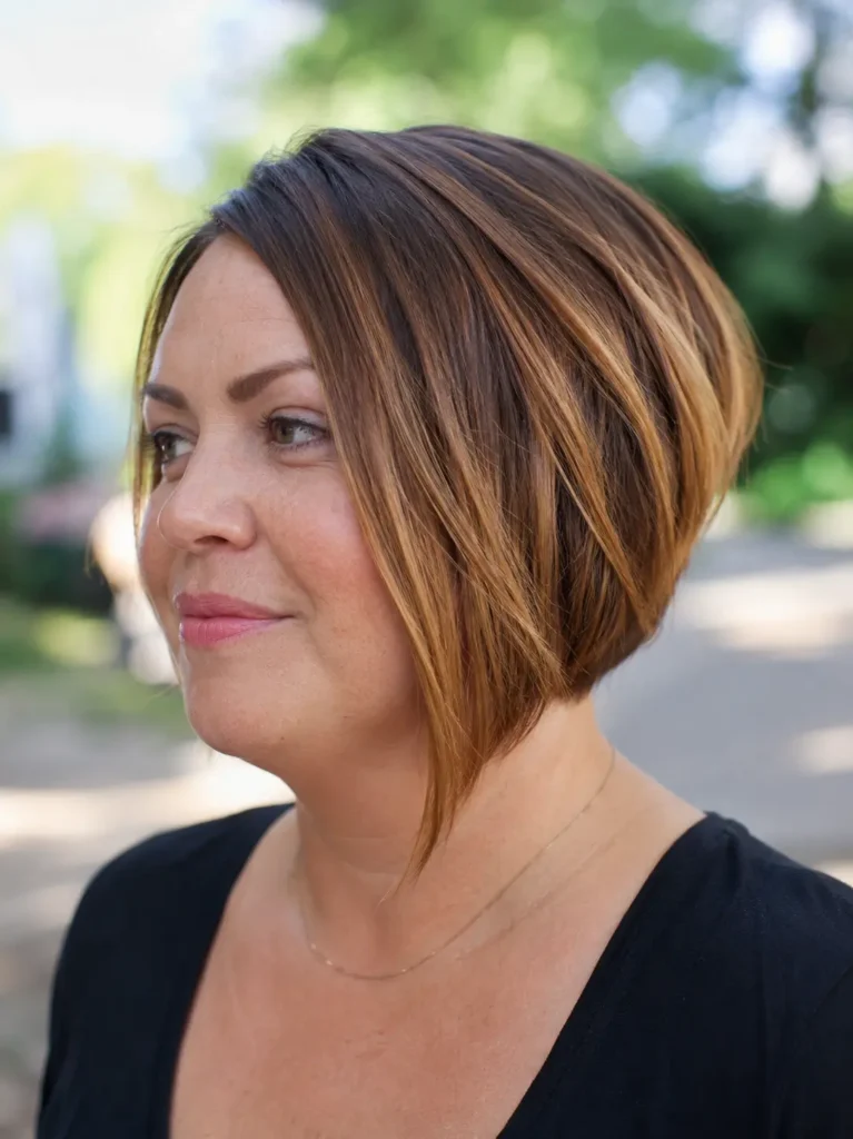 woman with a round face wearing an angled pixie bob haircut with longer front sections, glossy brunette hair with subtle highlights