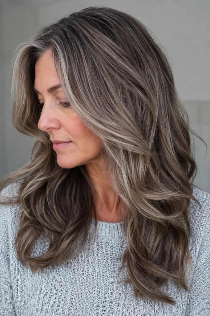 **Alt text:** Real English woman with long ash brown hair featuring delicate silver dimensional highlights, styled in soft waves, wearing a light gray sweater against a soft gray background.
