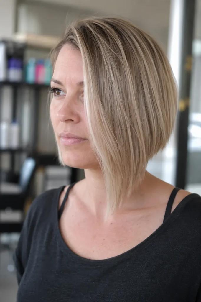 English woman with an asymmetrical ash blonde bob haircut, featuring one side longer than the other for a modern, salon-quality look. The hairstyle is the main focus, showcasing smooth, sleek strands and subtle texture