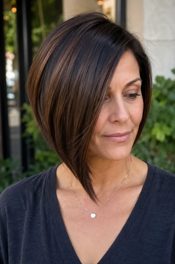 Close-up vertical portrait of a real woman over 40 with a sleek asymmetrical bob haircut, featuring one side longer than the other. Her rich brunette hair has natural shine and smooth texture, beautifully framing her face in soft outdoor daylight