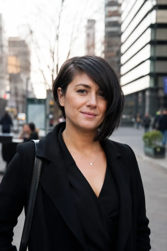 woman with an asymmetrical bob haircut and side-swept bangs, featuring sleek dark brunette hair. She wears a stylish business-casual black outfit and stands outdoors on a modern city street