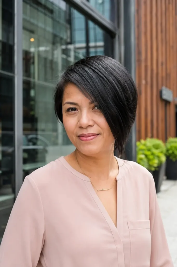 woman with an asymmetrical bob haircut and side-swept bangs, featuring sleek black hair and natural facial features. She wears an elegant light blush blouse and stands in a modern city setting with contemporary buildings and soft greenery in the background.