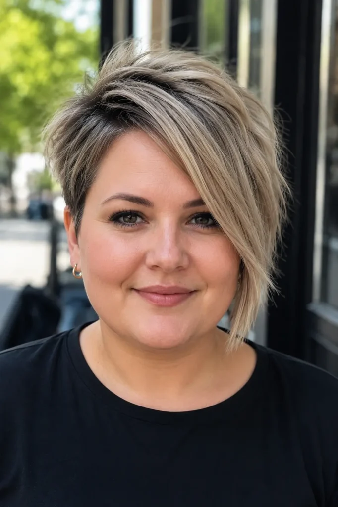 woman with a round face and asymmetrical pixie bob haircut, featuring a longer side-swept section and textured layers.