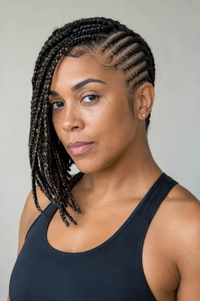 woman with an asymmetrical short braided haircut featuring detailed side braids and one side longer than the other, wearing a fitted black athletic top